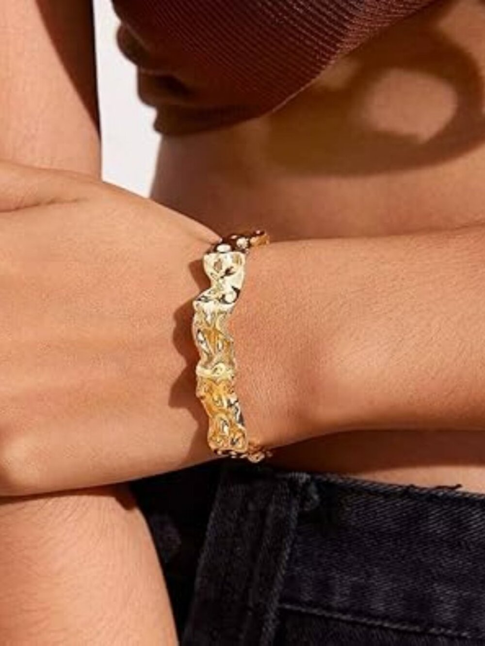 Chunky Hammered Cuff Bracelet Geometric Texture Thick Open Bangle Gold Tone